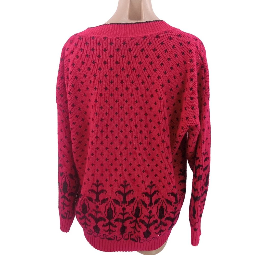 Vintage 80s Classic Essentials Pink Black Sweater Size 20 W Plus V Neck Bird Eye - Picture 5 of 7